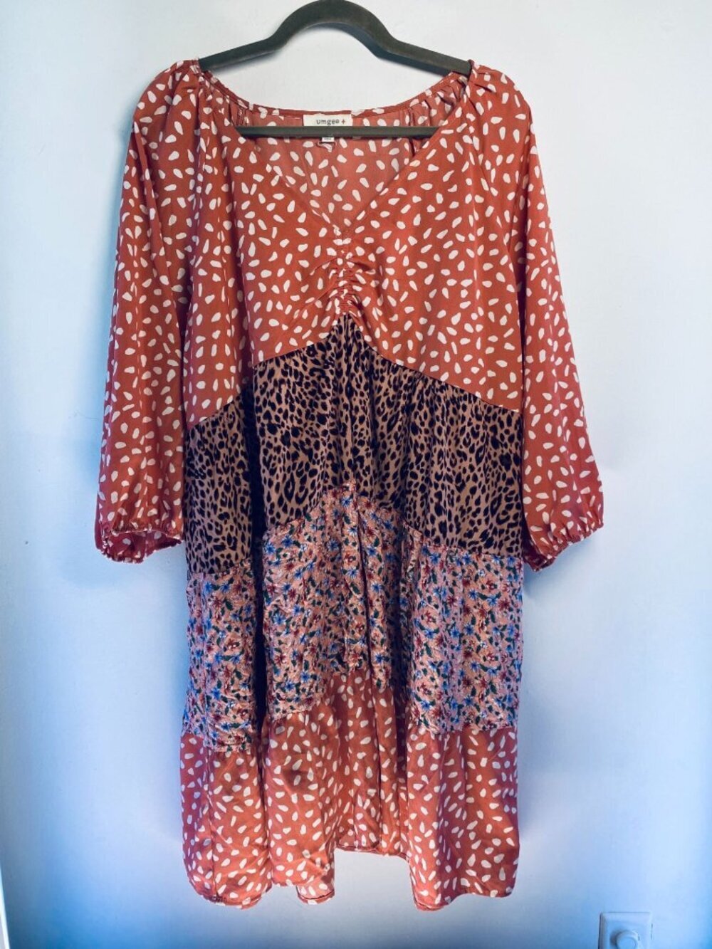 Umgee Womens 1XL Mixed Print Boho Dress With Balloon Sleeves In Rust Leopard